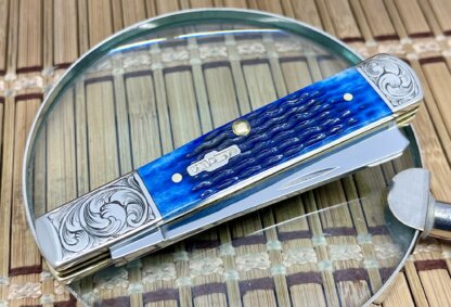 Case XX USA Custom Blue Bone Scrolled Razor Barlow Knife - Image 2