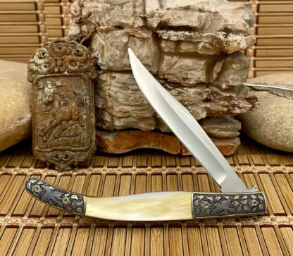 Jay Harris USA Gold Lip Pearl Titanium Hummingbird Engraved Linerlock Bowie Knife - Image 3