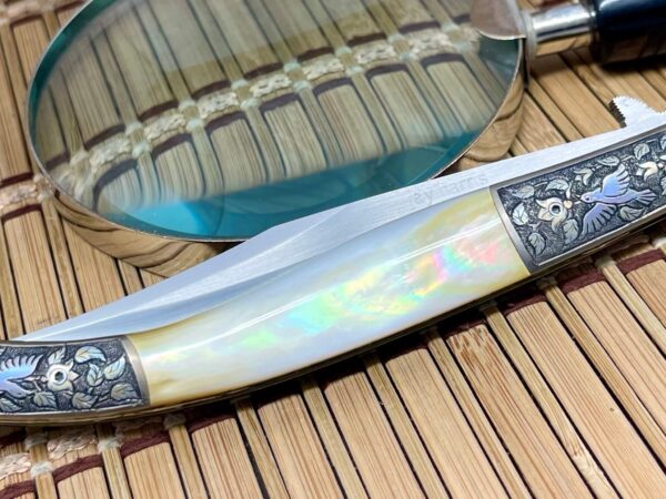 Jay Harris USA Gold Lip Pearl Titanium Hummingbird Engraved Linerlock Bowie Knife