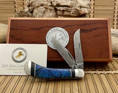 Case XX Wild Horse Custom Blue Cross-Cut Mammoth & Jet Damascus Saddlehorn Knife #1
