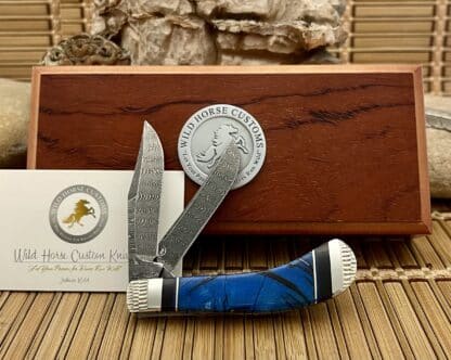 Case XX Wild Horse Custom Blue Cross-Cut Mammoth & Jet Damascus Saddlehorn Knife #1 - Image 3