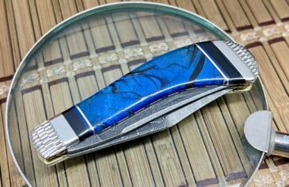 Case XX Wild Horse Custom Blue Cross-Cut Mammoth & Jet Damascus Saddlehorn Knife #1 - Image 2