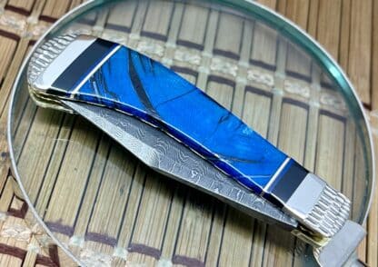 Case XX Wild Horse Custom Blue Cross-Cut Mammoth & Jet Damascus Saddlehorn Knife #1 - Image 4