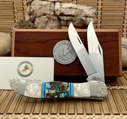Case XX Wild Horse Custom Gold Infused Bisbee Turquoise Folding Hunter Knife #01