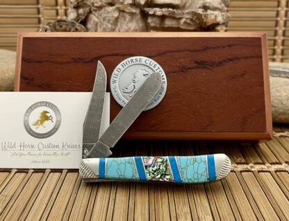 Case XX Wild Horse Custom Abalone & Turquoise Damascus Mini Trapper Knife #1 - Image 4