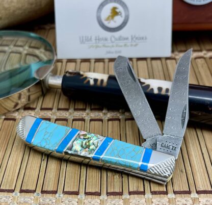 Case XX Wild Horse Custom Abalone & Turquoise Damascus Mini Trapper Knife #1 - Image 2