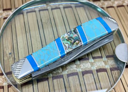 Case XX Wild Horse Custom Abalone & Turquoise Damascus Mini Trapper Knife #1 - Image 3