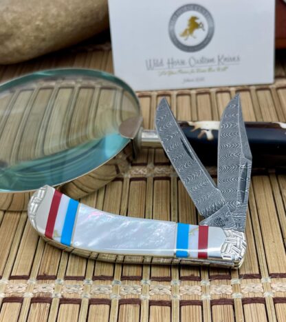 Case XX Wild Horse Custom Mother of Pearl & Coral Damascus Saddlehorn Knife #1 - Image 4