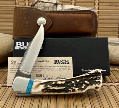 Buck 110 USA Limited Edition Sambar Stag & Turquoise Chipflint Folding Hunter Knife - Image 2