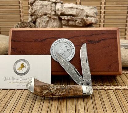 Case XX Wild Horse Custom Mammoth Bark Fossil Damascus Saddlehorn Knife #3