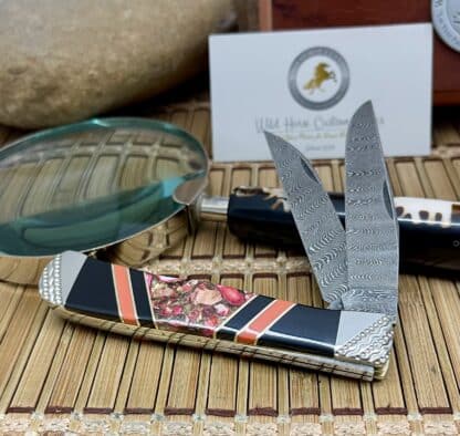 Case XX Wild Horse Custom Gold Infused Pink Turquoise & Onyx Damascus Trapper Knife #1 - Image 2