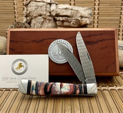 Case XX Wild Horse Custom Red Cross-Cut Mammoth & Onyx Damascus Trapper Knife #1