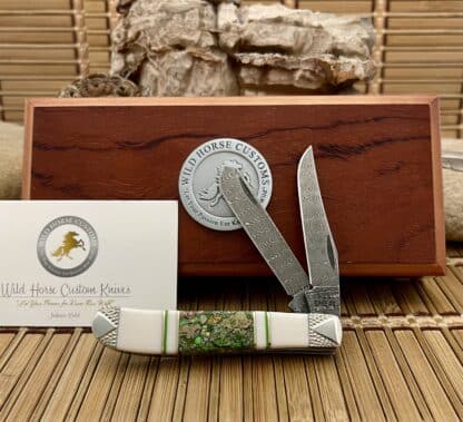 Case XX Wild Horse Custom Green Turquoise w/Pyrite Damascus Mini Trapper Knife #1