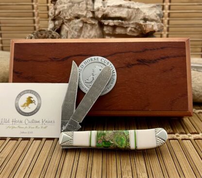 Case XX Wild Horse Custom Green Turquoise w/Pyrite Damascus Mini Trapper Knife #1 - Image 3