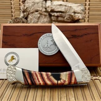 Buck 110 USA Wild Horse Custom Red Cross-Cut Mammoth Fossil Hunter Knife #01
