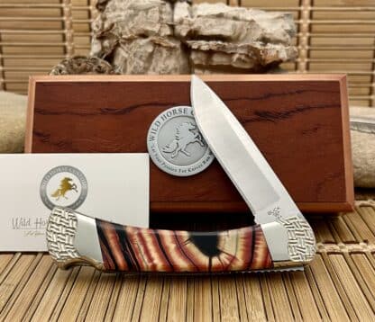 Buck 110 USA Wild Horse Custom Red Cross-Cut Mammoth Fossil Hunter Knife #01