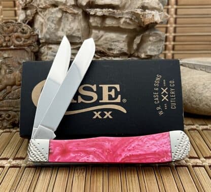 Case XX USA Pink Salmon Trapper Knife – Custom Mica Pearl, Engraved Bolsters - Image 3