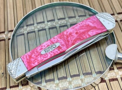 Case XX USA Pink Salmon Trapper Knife – Custom Mica Pearl, Engraved Bolsters - Image 2
