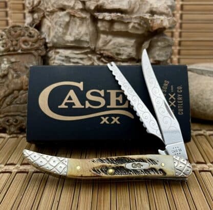 case xx fishing knife, bone stag engraved