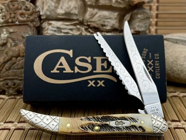 case xx fishing knife, bone stag engraved