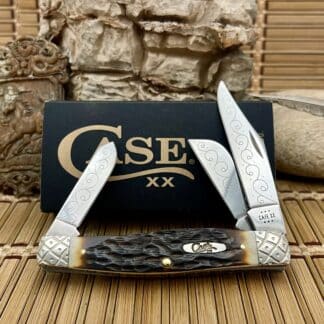 engraved pocket knife - case large stockman peachseed amber bone