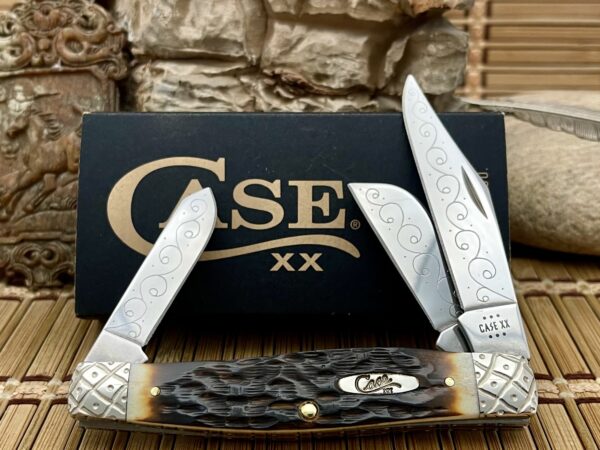 engraved pocket knife - case large stockman peachseed amber bone