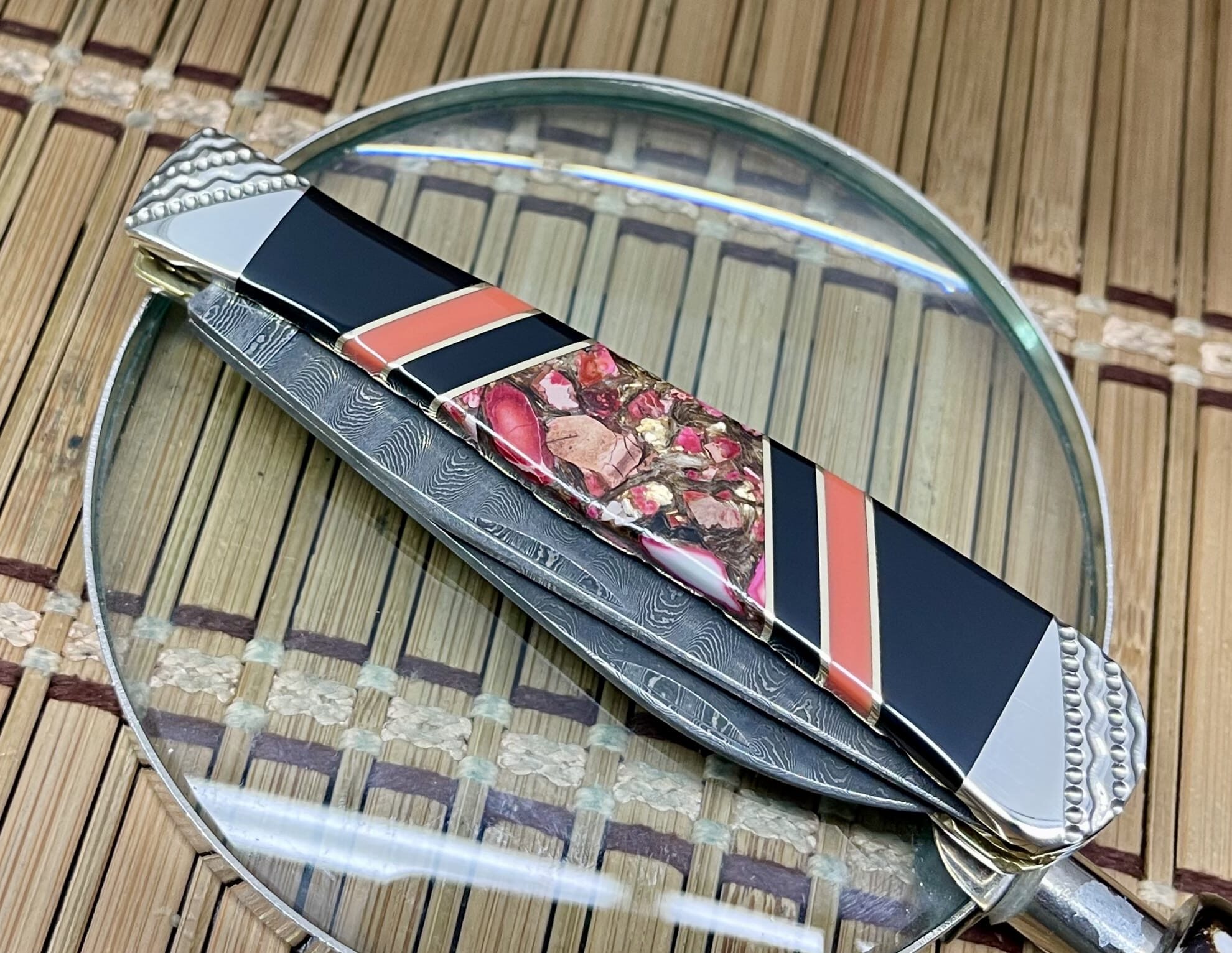 Case XX Wild Horse Custom Gold Infused Pink Turquoise & Onyx Damascus Trapper Knife #1