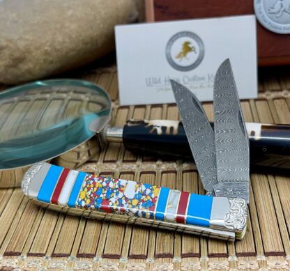 Wild Horse Damascus Trapper Knife – Multi-Turquoise & Coral | #2 of 5 - Image 2