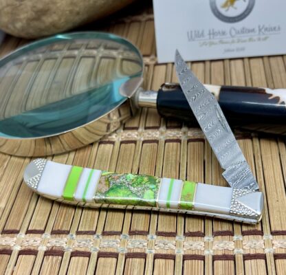 Wild Horse Damascus Trapper Knife – Mammoth Fossil, Turquoise, Pyrite & Gaspeite | #1 of 3 - Image 2