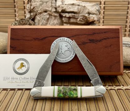 Wild Horse Damascus Muskrat Knife – Mammoth Fossil, Green Turquoise & Pyrite | #1 of 3 - Image 4