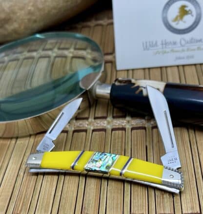 Stunning #1/2 Wild Horse Custom Yellow Spiny Small Congress Knife – Abalone Inlays - Image 2