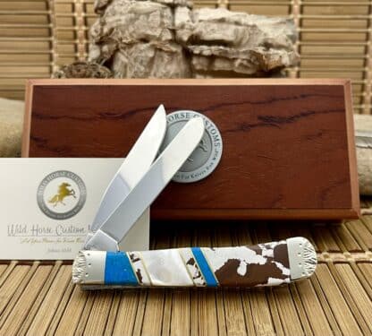 Wild Horse Custom Mother of Pearl & Brown and White Jasper Trapper Knife #1/2 - Image 5