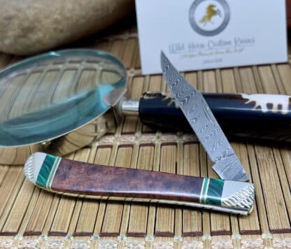 Wild Horse Custom #1 of 1 Amboyna Burl, Jade, and Malachite Slimline Trapper Knife - Image 2