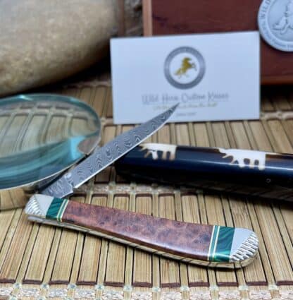 Wild Horse Custom #1 of 1 Amboyna Burl, Jade, and Malachite Slimline Trapper Knife - Image 4