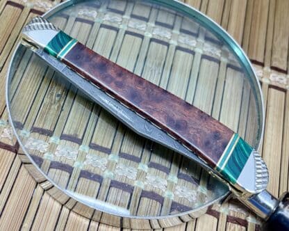 Wild Horse Custom #1 of 1 Amboyna Burl, Jade, and Malachite Slimline Trapper Knife - Image 3