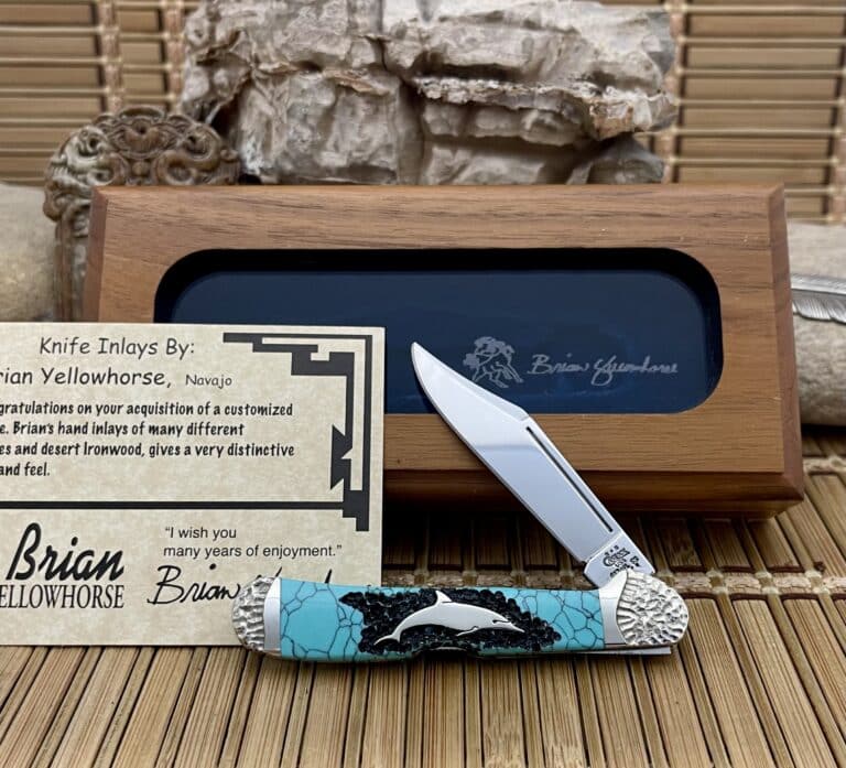Yellowhorse Turquoise Dolphin Mini Copperlock Knife – Case XX USA