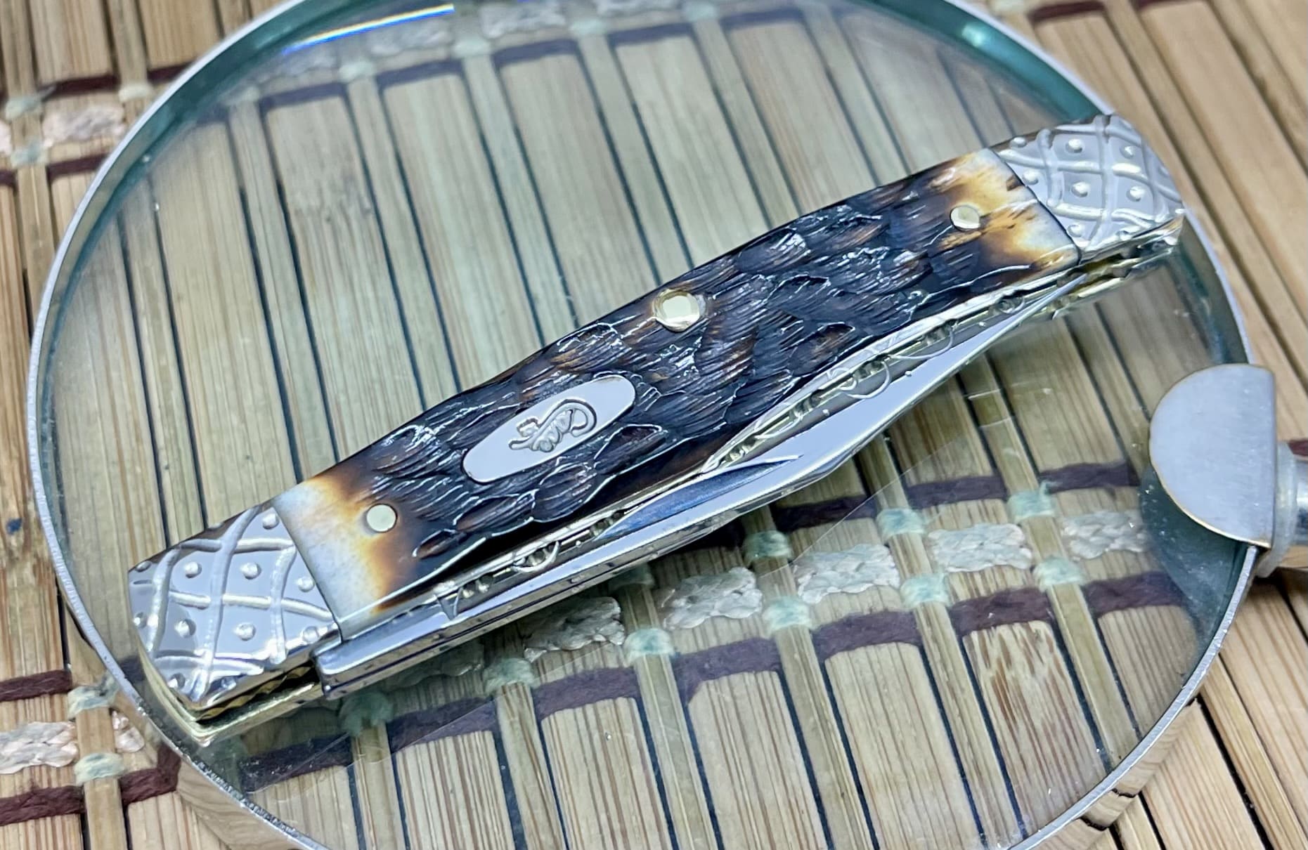 Case XX USA Custom Hand-Fired Peachseed Amber Bone Scrolled Medium Texas Jack Pocket Knife #10 of 100 Made - Image 3