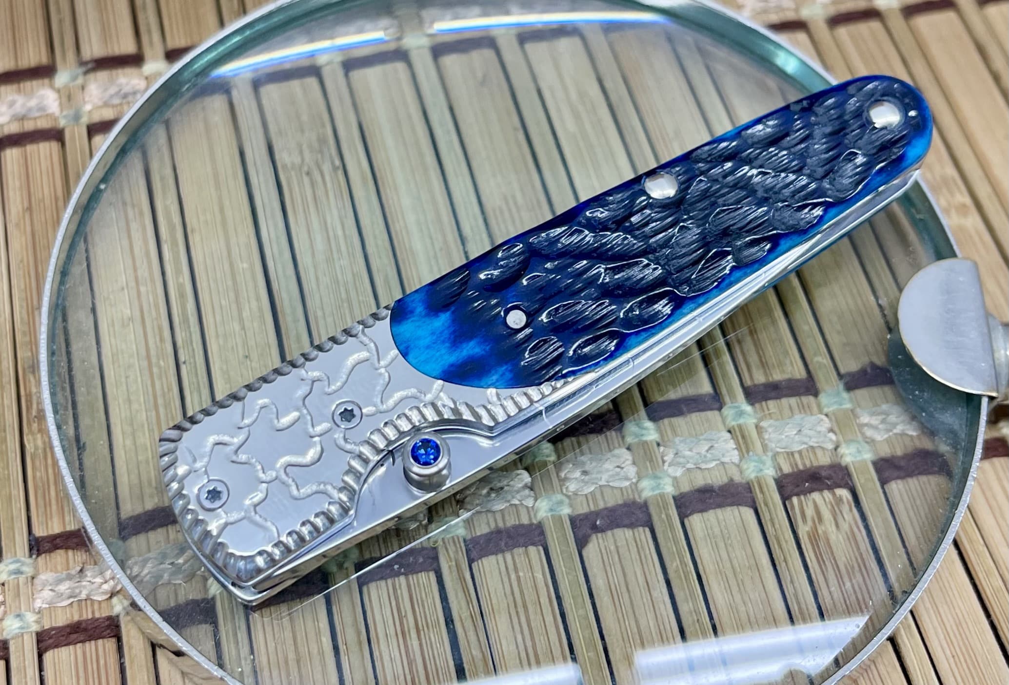 Case XX Custom Slimlock Ocean Blue Bone BG-42 Pocket Knife w/ Sapphire #1 - Image 4