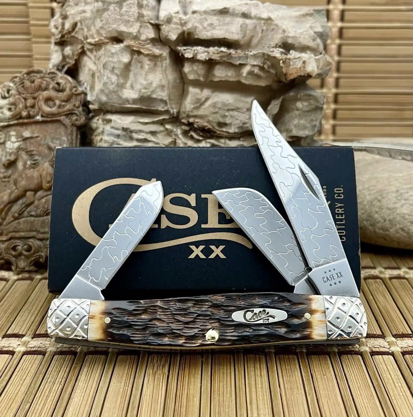 Beautiful case hand fired amber bone large stockman #50/100