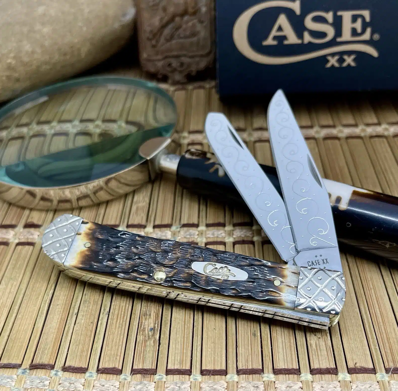 CUSTOM Case XX Trapper Pocket Knife - Hand-Fired Amber Bone Pocket Clip - #029/100 - Image 3