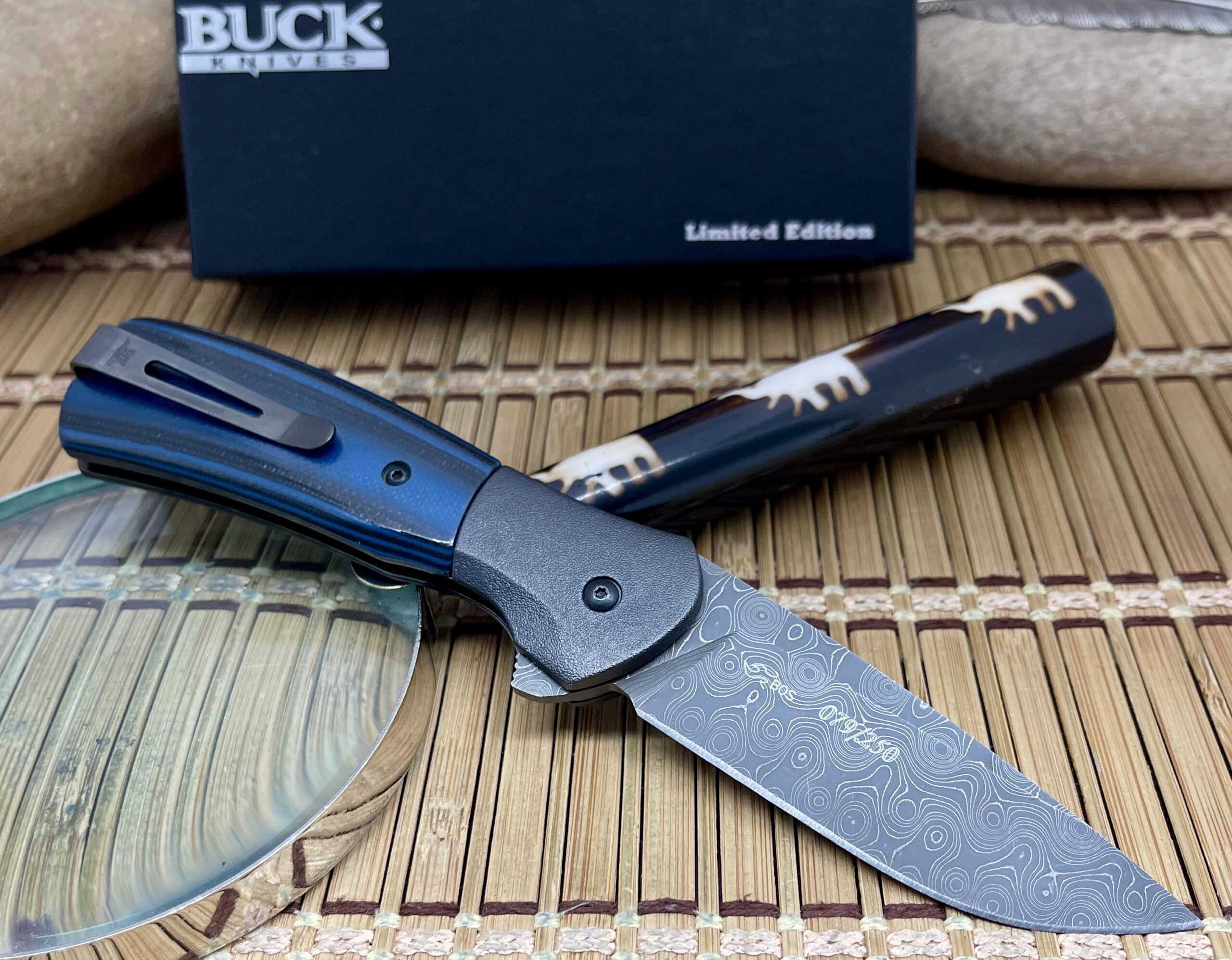Distinctive Buck Knives Black & Blue G-10 Raindrop Damascus Paradigm Knife - Image 5