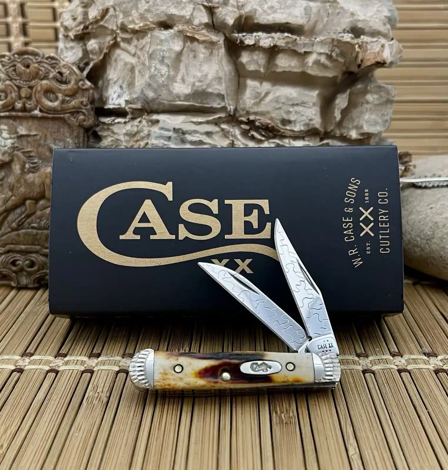 Remarkable case xx genuine red stag engraved tiny trapper pocket knife