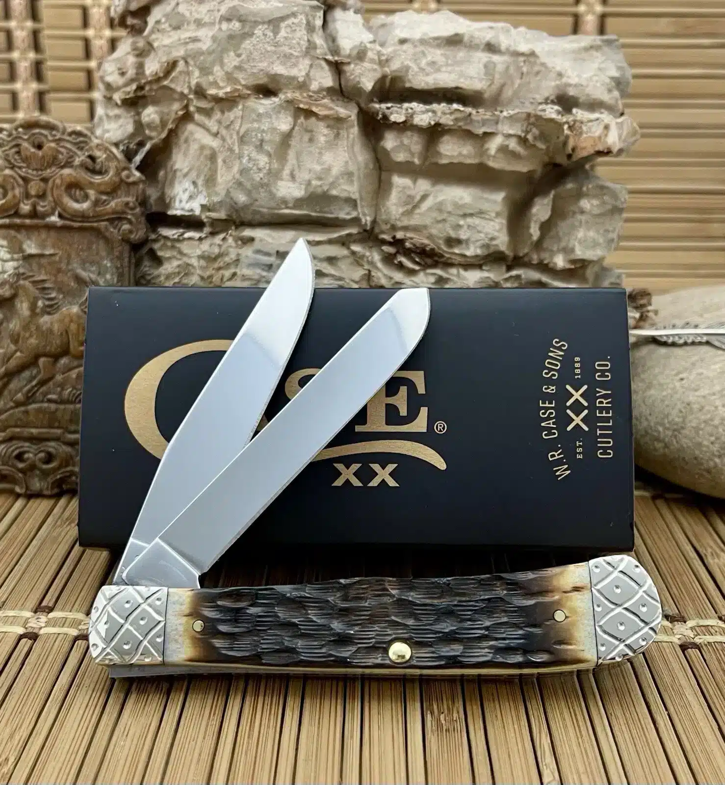 Case XX Custom Hand-Fired Peachseed Amber Bone Trapper Pocket Knife #35 - Image 2