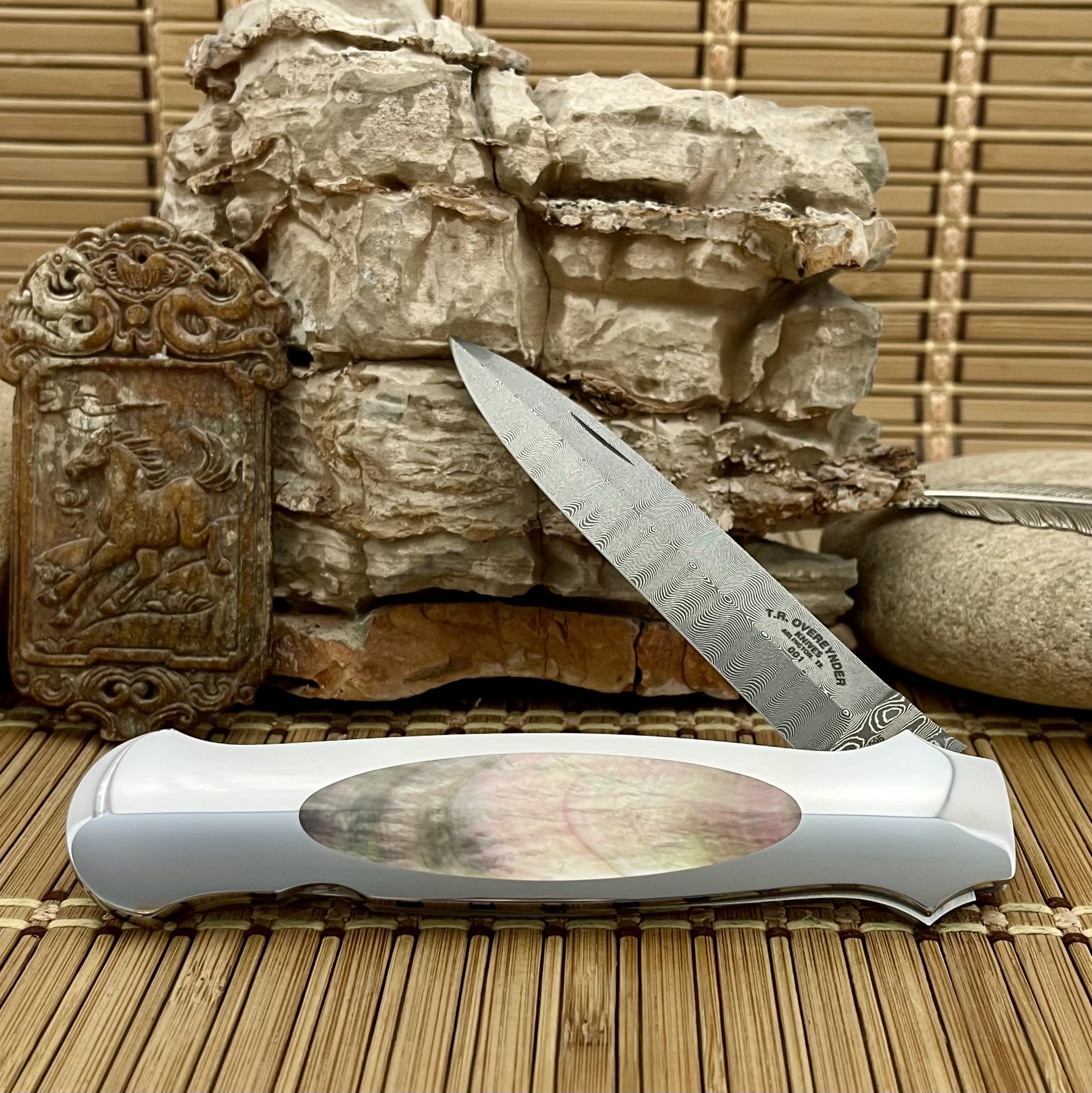 tommy overeynder damascus lockback knife | Black Lip Pearl