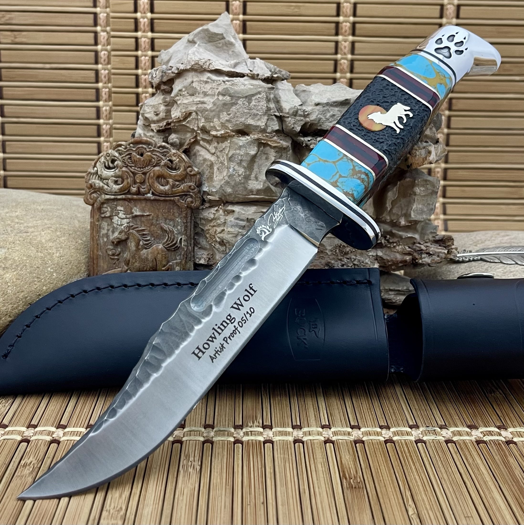 Buck 119 David Yellowhorse Howling Wolf Chip Flint Hunter Knife #05 Artist Proof