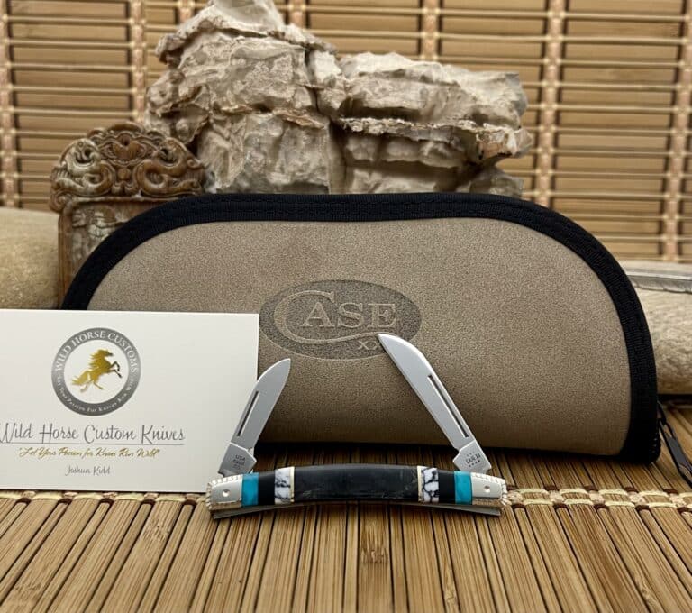 Case XX Congress pocket knife customized by Wild Horse Custom with a chrysocolla and turquoise handle, shown open beside its pouch