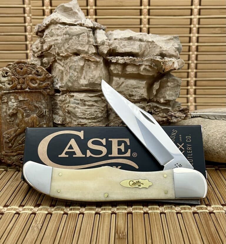 Case XX Folding Hunter with a smooth natural bone handle, shown open in front of its Case box