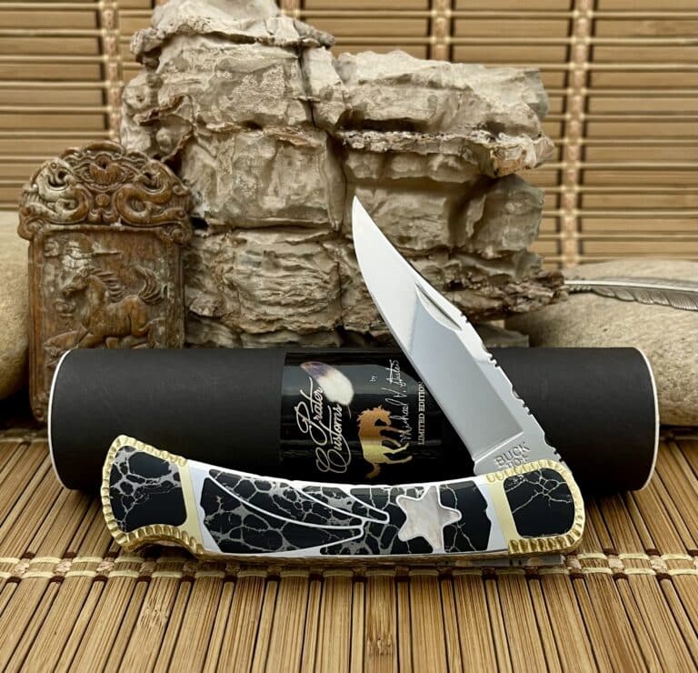 Buck 110 Folding Hunter with a black and silver stone inlay handle and a mother of pearl star, shown open in front of a Painted Pony Customs tube