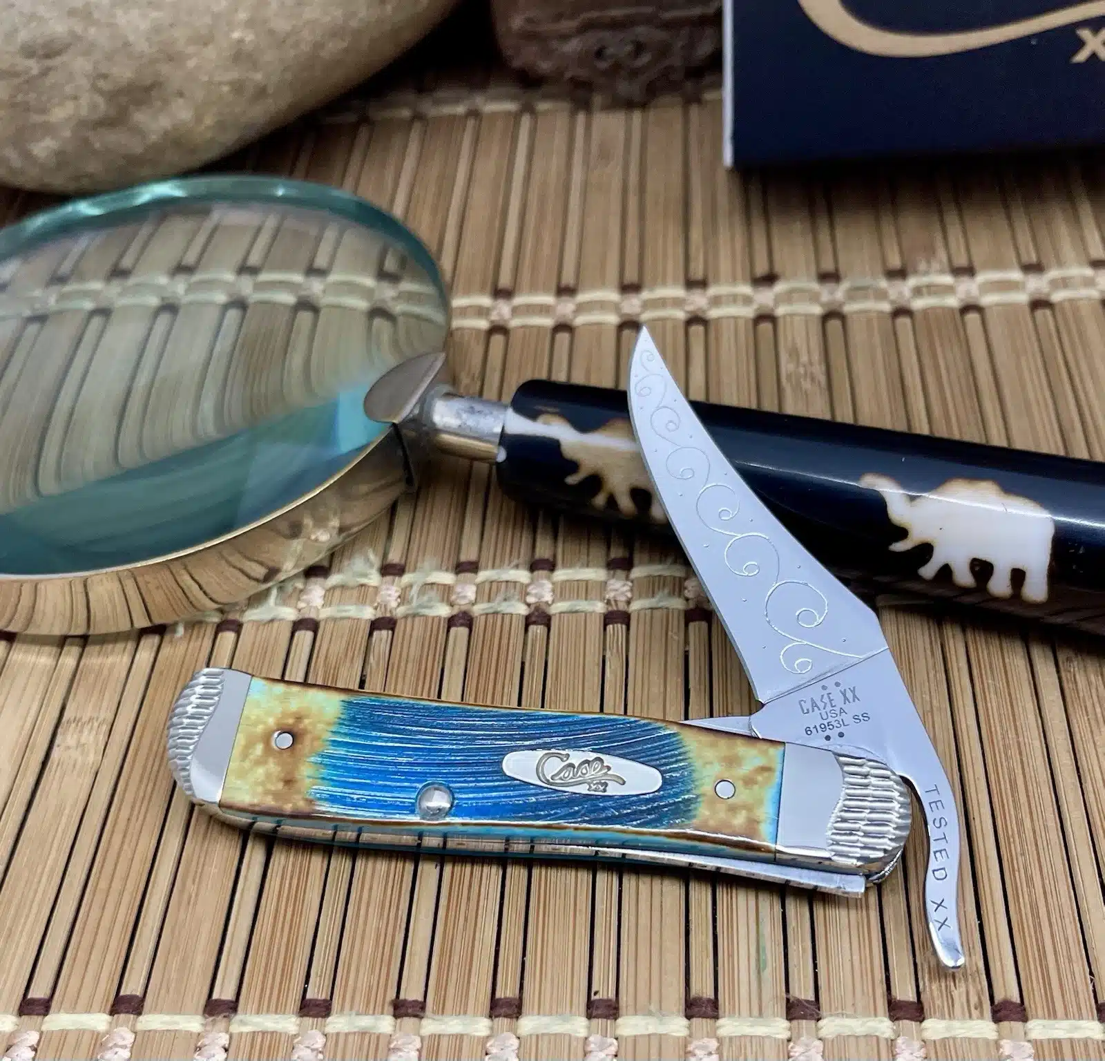 Case XX Custom Hand Fired Sawcut Caribbean Blue Bone Russlock Knife #07 - Image 3