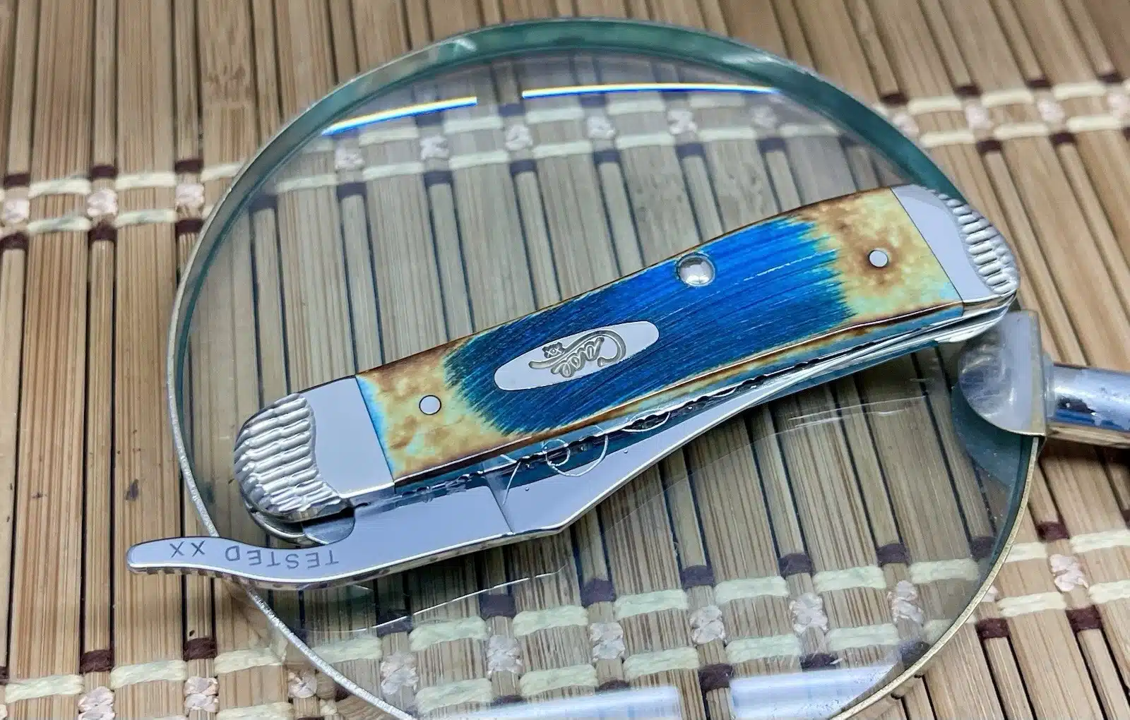 Case XX Custom Hand Fired Sawcut Caribbean Blue Bone Russlock Knife #07 - Image 2